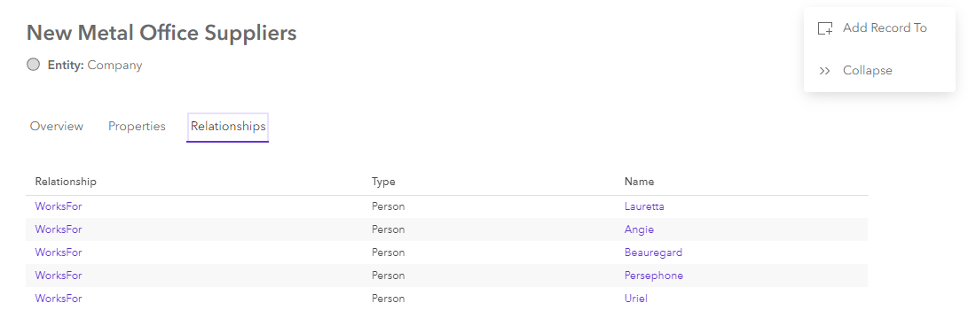 Relationships tab of an entity data card